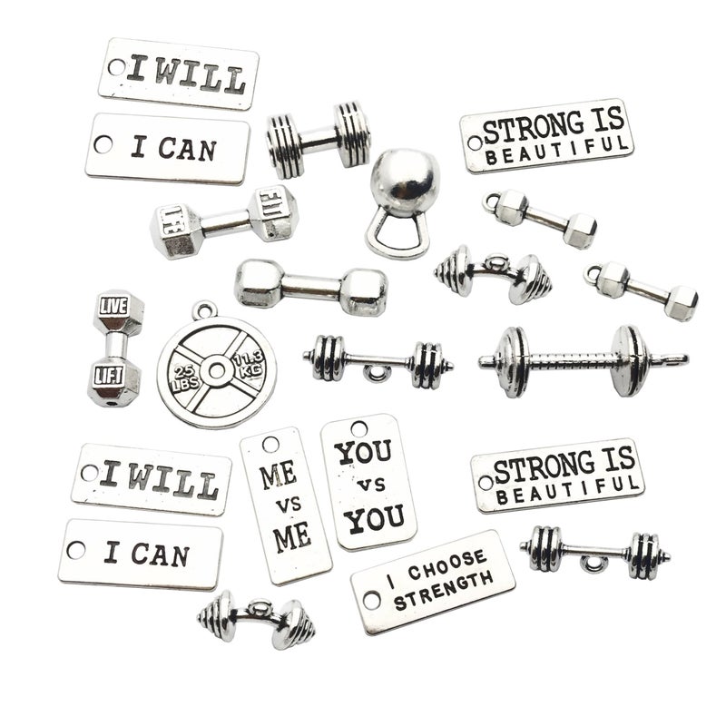 iloveDIYbeads Sports Charms-100g (about 32pcs) Strength Tags Kettle bell dumbbell barbell weight mix charms Sport charm Fit DIY Fitness Necklace Jewelry Making (M039) - Image 3